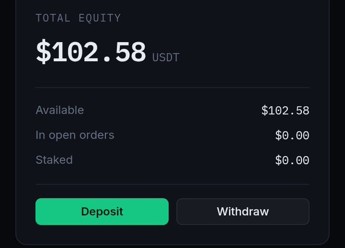 A dark-themed cryptocurrency trading interface showing a Total Equity balance of $102.58 USDT with $102.58 available, $0.00 in open orders and staked, along with Deposit and Withdraw buttons.