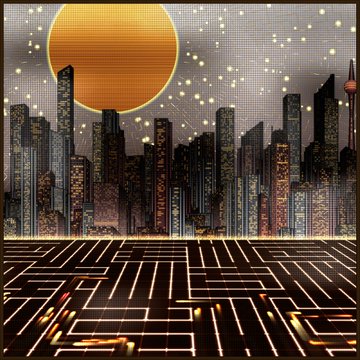A stylized digital artwork depicts a futuristic cityscape with skyscrapers silhouetted against a large orange sun, with a glowing yellow grid pattern in the foreground.
