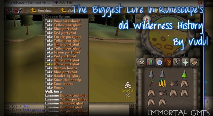 A screenshot of the game RuneScape showing an inventory and a context menu with options like 'Take Rune kiteshield' and 'Take Yellow partyhat,' overlaid with the title 'The Biggest Lure in RuneScape's Old Wilderness History By Vudu!' and a watermark for 'IMMORTAL GAMES.'