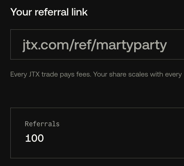 The image displays a JTX referral dashboard showing the link "jtx.com/ref/martyparty" and a Referrals count of 100, confirming the post's claim of having maxed out the referral quota on the @jtx_trade platform.