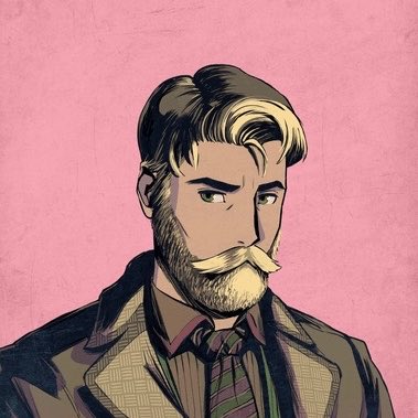 An illustrated portrait of a bearded man with two-toned hair, a mustache, and a serious expression, wearing a suit and patterned tie against a textured pink background.