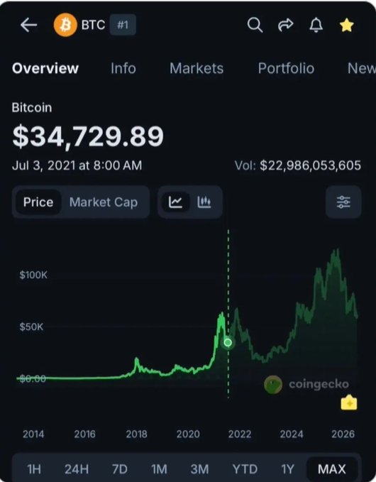 CoinGecko app showing Bitcoin (BTC #1) overview with price $34,729.89 as of Jul 3, 2021, displaying a multi-year price chart with selected MAX timeframe.