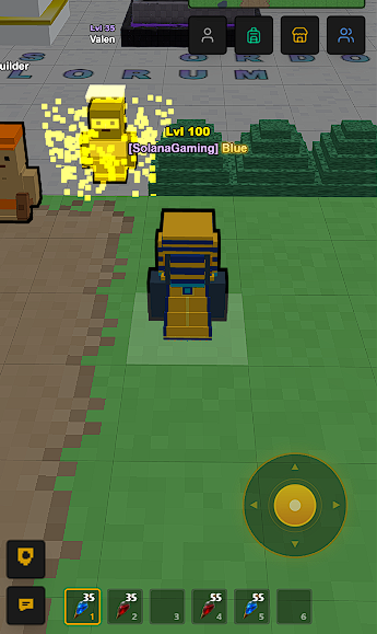 A blocky, voxel-style video game scene showing a yellow character labeled 'Lvl 100 [SolanaGaming] Blue' near a wooden vehicle on a grassy area.