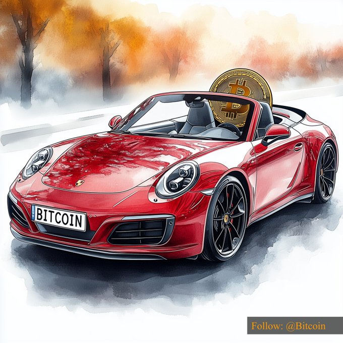 A watercolor-style illustration depicts a red Porsche 911 convertible with a "BITCOIN" license plate and a Bitcoin coin in the passenger seat, set against an autumn forest backdrop. The image visually celebrates Bitcoin's milestone price of $86,230.31 from the accompanying post.