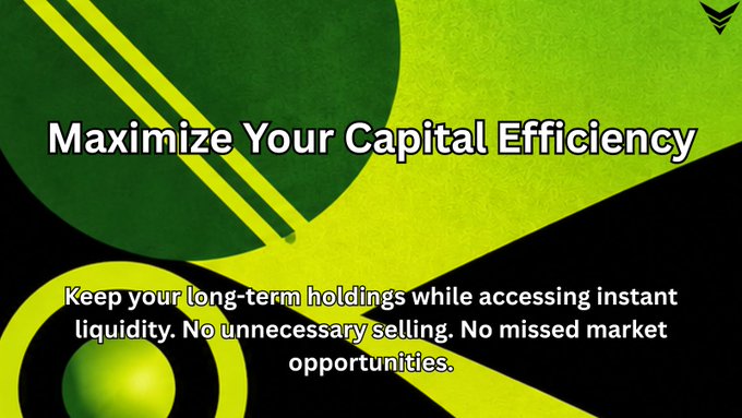 Promotional graphic with bold green and black geometric design reading 'Maximize Your Capital Efficiency' and 'Keep your long-term holdings while accessing instant liquidity. No unnecessary selling. No missed market opportunities.'
