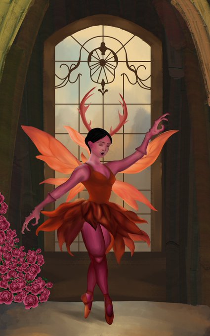 A digital painting of a figure with antlers, orange butterfly-like wings, and a flower-petal dress, posed before an arched stained-glass window.
