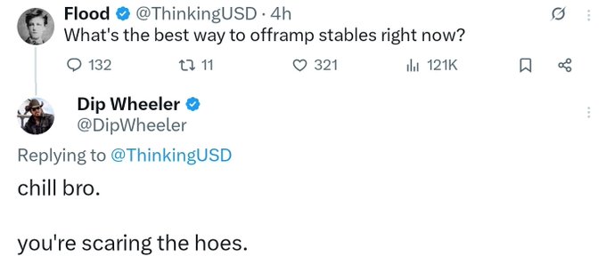 The image shows a Twitter post from someone named Dip Wheeler, who has reposted a message about chilling bros. The post includes a screenshot of the original tweet that was retweeted by another user. The original tweet reads: "What's the best way to offamp stables right now? 1331". The new post adds a humorous twist to the original message and says, "You're scarring the hoes."