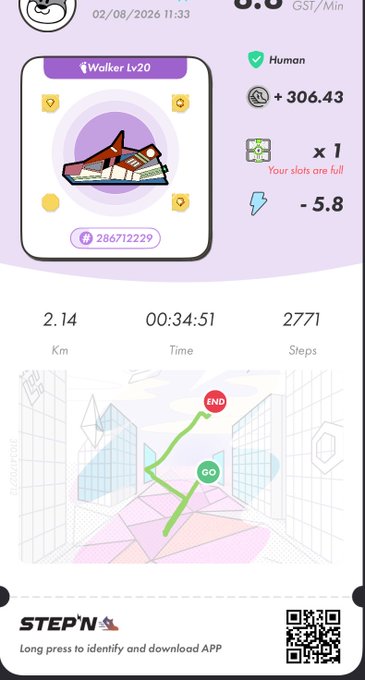A STEPN app screenshot showing a Walker lv20 sneaker NFT with earnings of +306.43 GST/Min, displaying 2.14 km walked in 00:34:51 with 2771 steps and a route map.