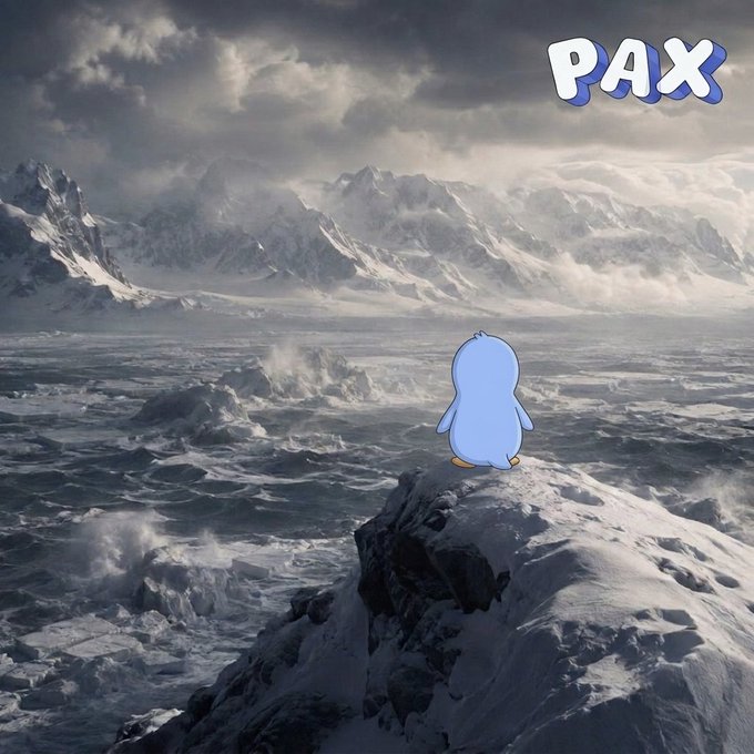A small blue cartoon character stands on a snowy mountain peak overlooking a vast, cloudy landscape with the word 'PAX' written in the top right corner.