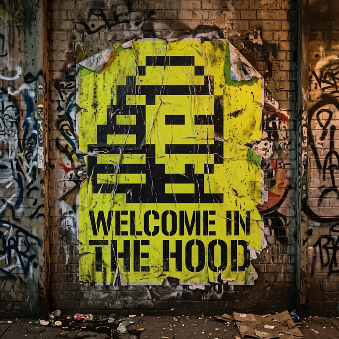 A weathered yellow poster pasted on a graffiti-covered brick wall displays a pixelated hooded figure logo above the bold text "WELCOME IN THE HOOD," matching the post's greeting from @OnChainHoodies. The street-art aesthetic of the torn, urban backdrop reinforces the gritty, community-driven vibe of the brand's message.