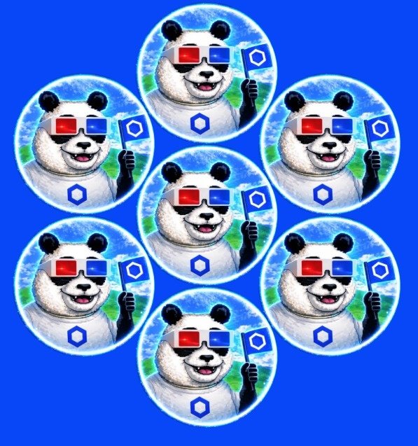 The image features a panda character wearing glasses, holding a flag with a blue and white design, and smiling at the camera. The panda appears to be wearing 3D glasses that give it an amusing and playful look. There are eight other panda characters in various poses around the main panda, creating a sense of unity and camaraderie among them.