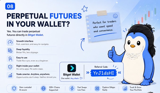 A promotional slide titled "PERPETUAL FUTURES IN YOUR WALLET?" advertising Bitget Wallet with a penguin mascot giving a thumbs up, and a referral code "YrJ1dsHI" displayed.