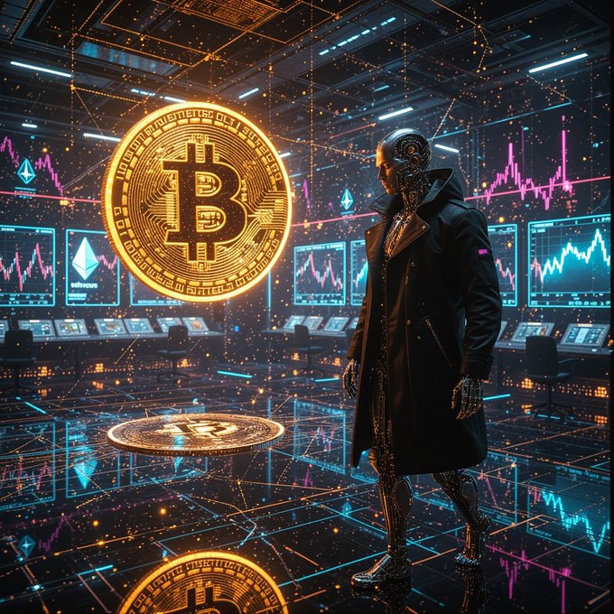 A metallic humanoid figure in a long dark coat stands in a futuristic trading hub dominated by a glowing Bitcoin emblem and holographic Ethereum (ETH) charts. The image visualizes the post's vision of Agentic AI entering the crypto arena, suggesting autonomous artificial intelligence will join the global race to accumulate $BTC alongside nations.