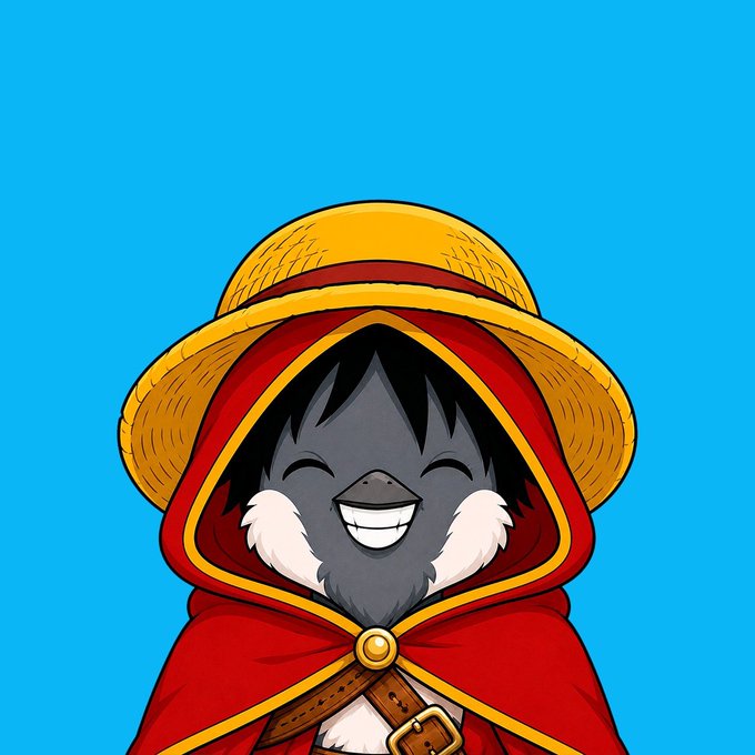 A cartoon illustration of a black and white penguin-like character wearing a red hooded cloak and a yellow straw hat, smiling with closed eyes against a blue background.