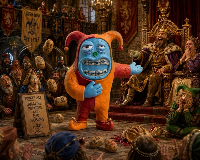 A whimsical fantasy scene featuring a colorful jester character in a medieval royal court, with onlookers including a king and queen laughing, and a sign reading 'TODAY'S ACT: JUGGLING POTATOES AND BAD DECISIONS'.
