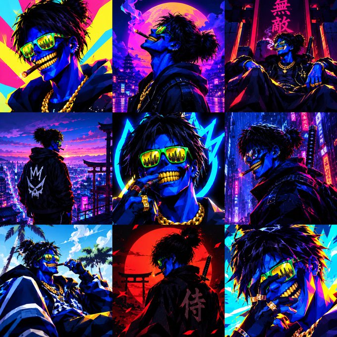 A 3x3 grid collage of AI-generated cyberpunk-style artwork depicting a blue-skinned character with glowing yellow teeth, dreadlocks, and sunglasses in various neon urban settings.