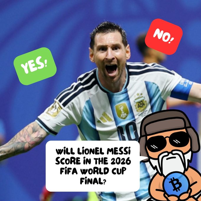 Lionel Messi celebrating in his Argentina jersey with 'YES!' and 'NO!' buttons, captioned 'WILL LIONEL MESSI SCORE IN THE 2026 FIFA WORLD CUP FINAL?' alongside a Bitcoin-themed cartoon character.