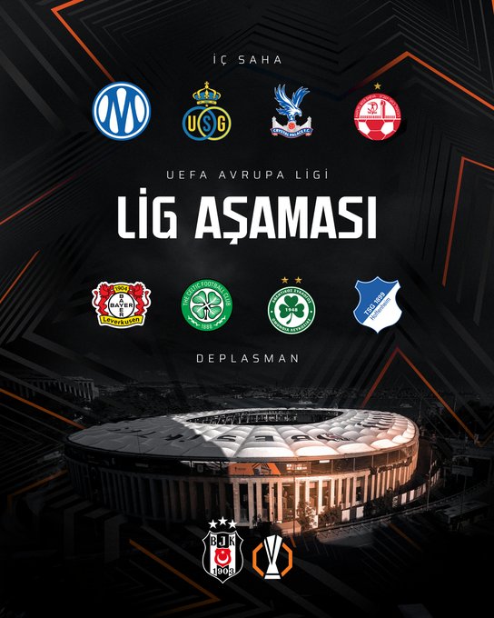 UEFA Europa League promotional graphic featuring match logos including Olympique de Marseille, Crystal Palace, and Beşiktaş, indicating a league stage away match at BJK Stadium.