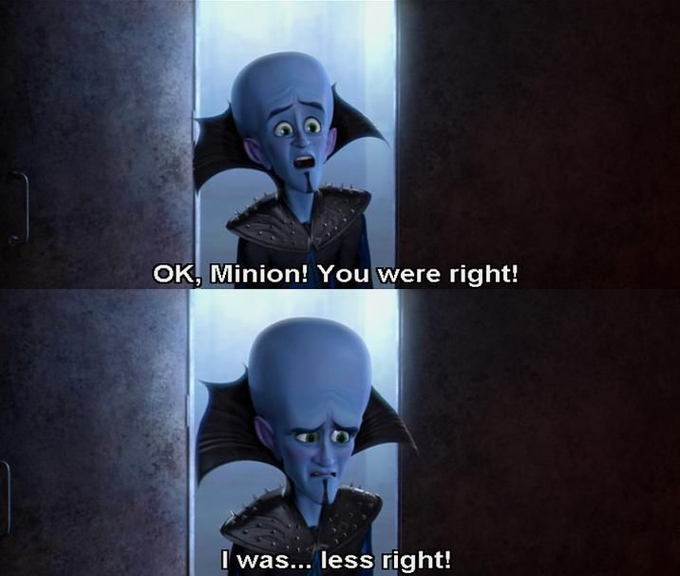 The image shows two panels of a blue-skinned animated vampire character (Megamind) with captions "OK, Minion! You were right!" and "I was... less right!" The meme humorously reflects the poster's admission that their friend @Tom__Capital was correct in warning against their $ETH/$BTC trade, after they stubbornly hoped for a different outcome.