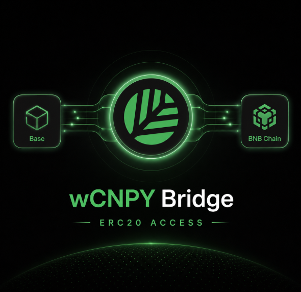 A promotional graphic for the "wCNPY Bridge" with "ERC20 ACCESS," showing a connection between the Base blockchain and BNB Chain, featuring a green leaf logo in the center.