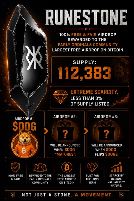 A promotional graphic for 'RUNESTONE' advertises a Bitcoin airdrop with a supply of 112,383, highlighting extreme scarcity and three airdrops including $DOG.
