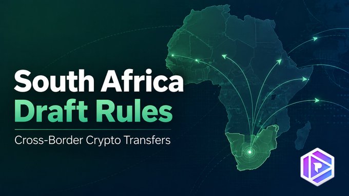 Graphic titled 'South Africa Draft Rules: Cross-Border Crypto Transfers' showing a map of Africa with arrows pointing toward South Africa.
