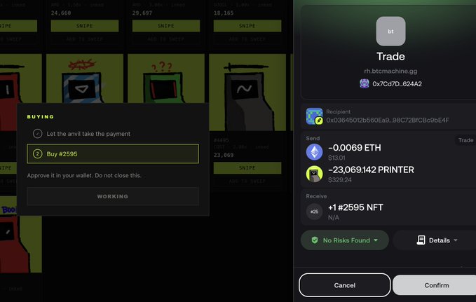 A screenshot of an NFT marketplace interface showing a 'Buy #2595' transaction in progress, with the user sending -0.0069 ETH ($13.01) and ~23,069,142 PRINTER tokens to receive +1 #2595 NFT.
