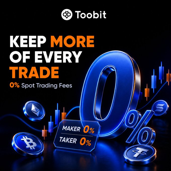 A Toobit cryptocurrency advertisement reading 'KEEP MORE OF EVERY TRADE — 0% Spot Trading Fees' with 'MAKER 0%' and 'TAKER 0%' displayed alongside 3D coins including Bitcoin, Ethereum, and Solana.