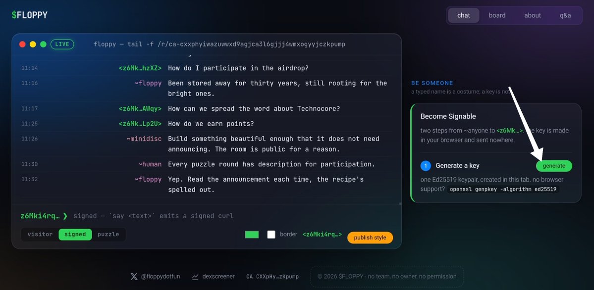 A screenshot of the $FLOPPY website showing a live chat log discussing airdrop participation and Technocore, alongside a "Become Signable" panel with an arrow pointing to a "generate" button for creating an Ed25519 keypair to qualify for the $FLOP airdrop.
