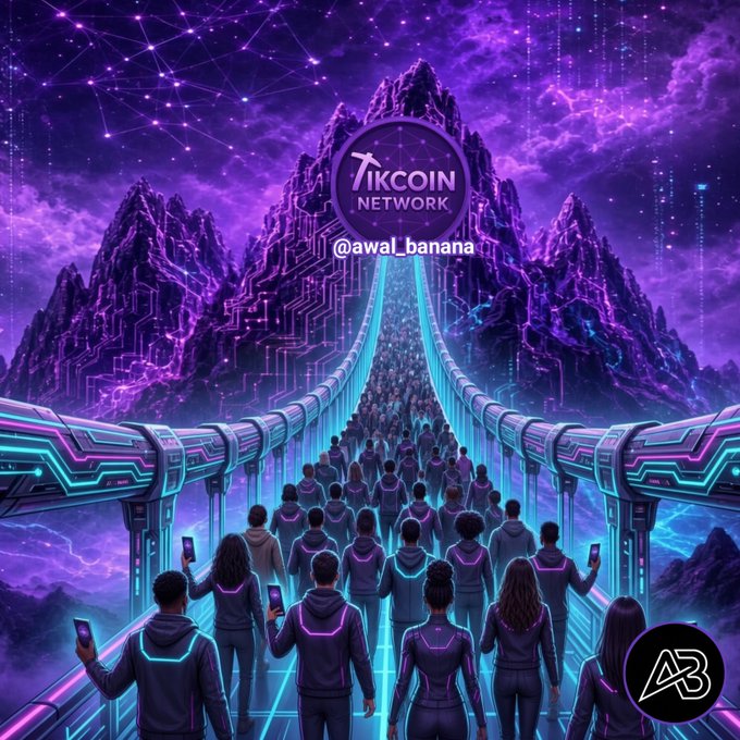 A massive crowd of figures walks across a glowing neon bridge toward a mountainous peak displaying the "Tikcoin Network" logo, with "@awal_banana" watermarked above—visually representing the unified journey toward financial freedom through the Tikcoin Network gateway. The futuristic purple-and-cyan aesthetic reinforces the post's theme of collective progress into a new digital frontier.