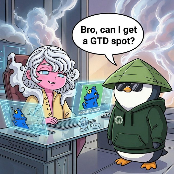 The image features a cartoon penguin standing next to an office desk with two computer monitors, one of which has a woman sitting at the desk using a laptop. The woman appears to be wearing a green sweater and sunglasses while working on her computer. A speech bubble above the woman's head reads "Bro, can I get a GTD spot?" This suggests that the penguin is trying to ask for a GTD spot from the woman in the cartoon.