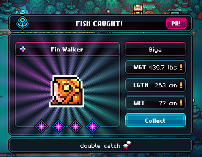 A pixel-art video game screen displaying 'FISH CAUGHT!' for a 'Fin Walker' with stats showing 'WGT 439.7 lbs', 'LGTH 263 cm', 'GRT 77 cm', and a 'double catch' notice at the bottom.