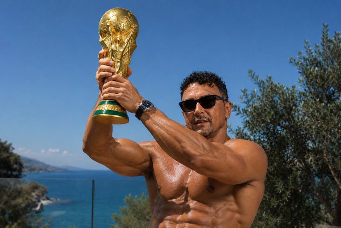 The image features a shirtless man holding a golden trophy, possibly a soccer championship cup or an award for his achievements. The man appears to be celebrating with a victory pose while wearing sunglasses. The background of the photo shows a beautiful view of the ocean, adding to the celebratory atmosphere. The caption "Gbusiness to $AVAX mfs Who have you got in the World Cup today? $hotemin" suggests that this is likely an advertisement or promotional material for a business related to sports achievements or events.