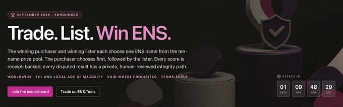 A promotional banner for a 'Trade. List. Win ENS.' contest announced for September 2026, with a countdown timer showing 1 day, 9 hours, 48 minutes, 29 seconds until start, and CTAs to join the leaderboard or trade on ENS.Tools.