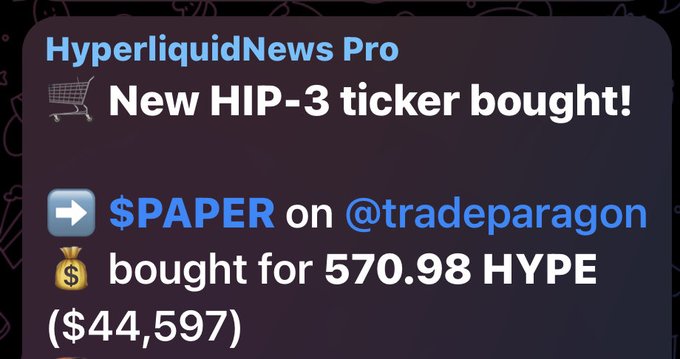A news alert from HyperliquidNews Pro announcing the purchase of the new HIP-3 ticker $PAPER on @tradeparagon, bought for 570.98 HYPE ($44,597), as reflected in the accompanying post.