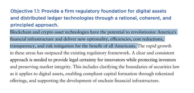 The image shows a white background with blue text that reads "Objective 1. Provide a firm regulation foundation for digital assets and distributed ledger technologies through a rational, coherent, and principled approach." The text also includes a list of bullet points about blockchain technology and cryptocurrencies.