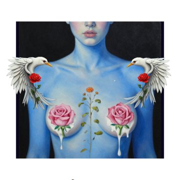 A surreal painting of a blue-skinned female figure with white birds perched on her shoulders holding red roses, and pink roses on her chest with dripping white paint.
