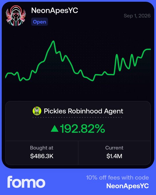 A promotional screenshot for the 'fomo' app showing a 'NeonApesYC' crypto tracker dated Sep 1, 2026, with a green performance chart and a 'Pickles Robinhood Agent' showing a 192.82% gain (Bought at $486.3K, Current $1.4M).