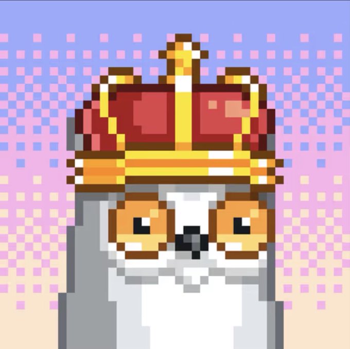A pixel art illustration of an owl wearing a red and gold crown against a pink and purple dotted gradient background.