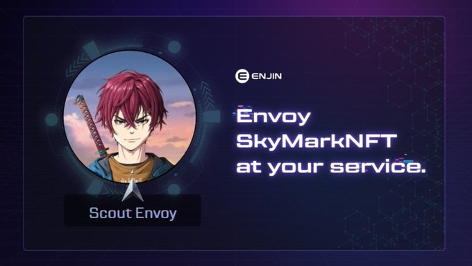 A digital interface showing an anime-style avatar labeled 'Scout Envoy' with the text 'ENJIN Envoy SkyMarkNFT at your service' against a purple hexagonal background.