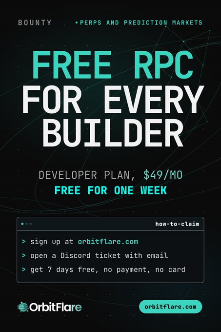 An advertisement for OrbitFlare offering 'FREE RPC FOR EVERY BUILDER' with a developer plan at $49/month, free for one week, featuring a dark tech-themed design with claim instructions.