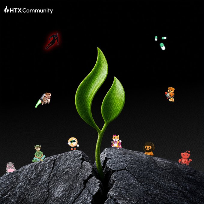HTX Community promotional image showing a green sprout growing from a rock, surrounded by various crypto-themed character mascots against a black background.