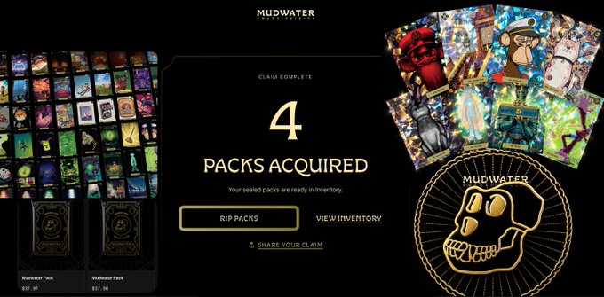 A 'Claim Complete' notification from Mudwater shows that 4 packs have been acquired, with a 'RIP PACKS' button and a golden skull logo visible.