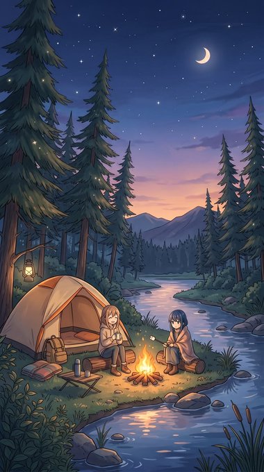 An animated illustration of two people camping by a river at night with a tent, campfire, lantern, and crescent moon overhead.