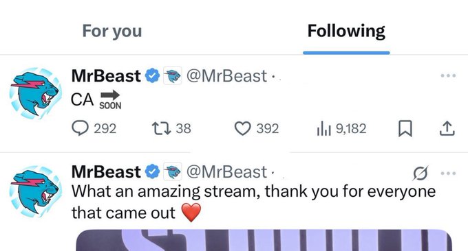 A Twitter/X feed showing the "Following" tab displays two recent posts from verified user MrBeast (@MrBeast): one briefly stating "CA ➡️ SOON" and another thanking viewers for an "amazing stream" with a heart emoji, both aligned with a viral claim that a "$BEAST" coin presale is launching soon via officialmrbeastcoin.com.