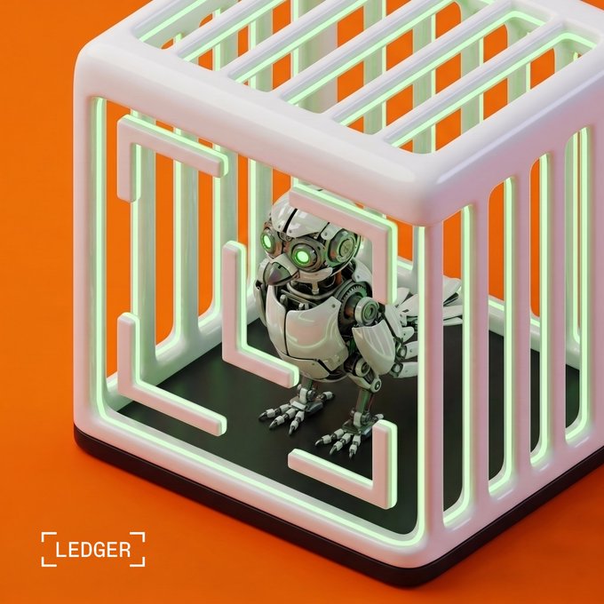 A 3D rendering of a mechanical bird with green eyes sitting inside a glowing white, cage-like cube against an orange background, with the 'LEDGER' logo in the bottom left corner.