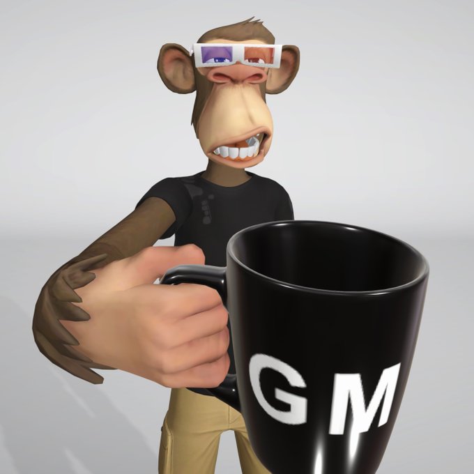 A 3D rendered cartoon monkey wearing 3D glasses, a black t-shirt, and khaki pants, holding out a large black mug with the letters 'GM' in white.