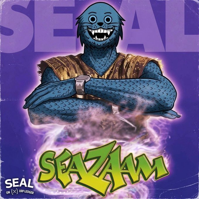 A digital artwork features a muscular blue seal character with arms crossed, wearing a gold vest, with the word 'SEAZAM' in green graffiti-style text at the bottom and 'SEAL ON XRP LEDGER' in the corner.