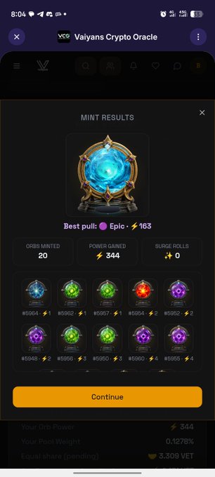 A mobile screenshot of Vaiyans Crypto Oracle showing mint results with a blue Epic orb (#163), 20 orbs minted, 344 power gained, and various colored orbs displayed below.