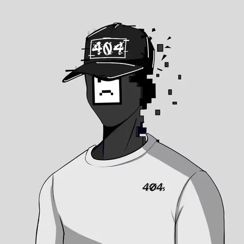 A stylized illustration depicts a faceless figure wearing a black cap displaying "404" and a white t-shirt with "404s" printed on the chest, with the head appearing to pixelate and dissolve. The image plays on the "404 error" concept to represent missing or unavailable NFTs, fitting the "Good Morning NFTs" theme with a humorous nod to digital scarcity.